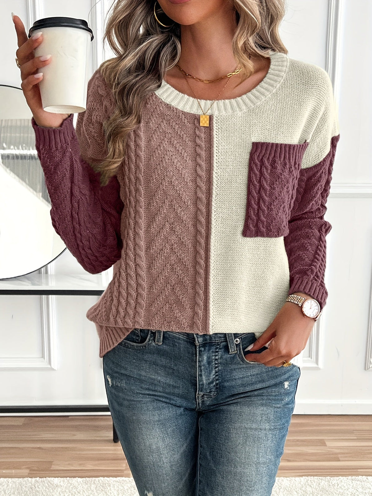 Lucyna – Sweter colour-block w warkocze z kieszonką – Śliwkowy mix (detal)