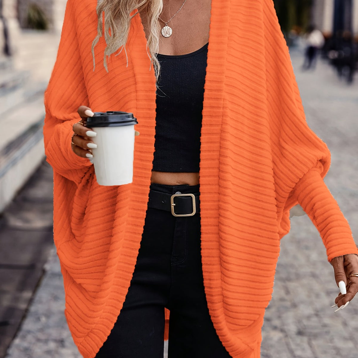 Freya – Ribbed Cocoon Batwing Cardigan – Tangerine (detail)