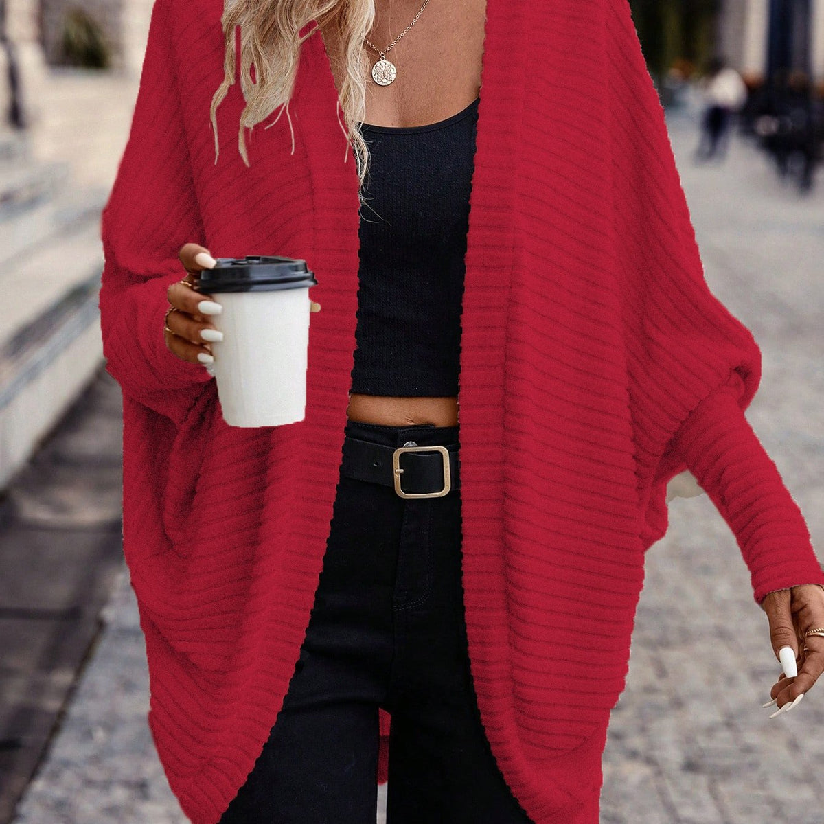 Freya – Ribbed Cocoon Batwing Cardigan – Red (detail)
