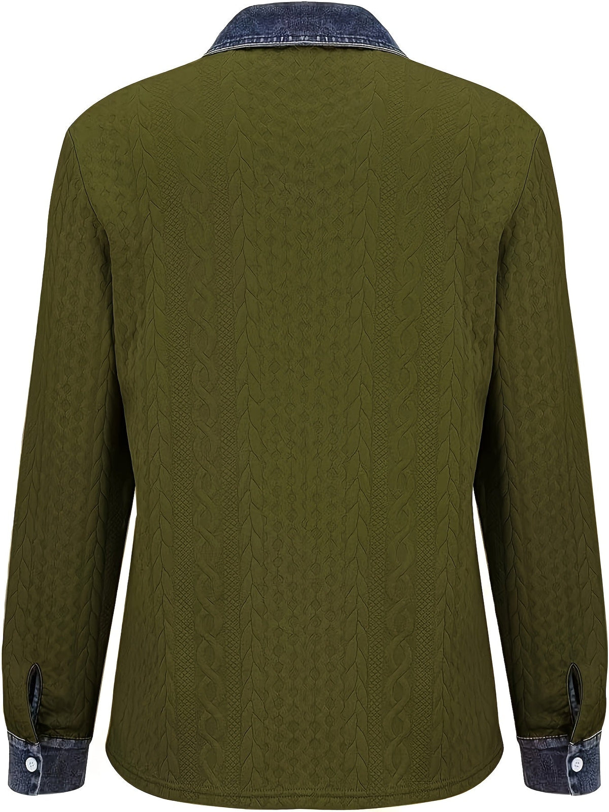 Aldona – Dzianinowa koszula w warkocze z jeansowymi wstawkami – Oliwkowy (detal)