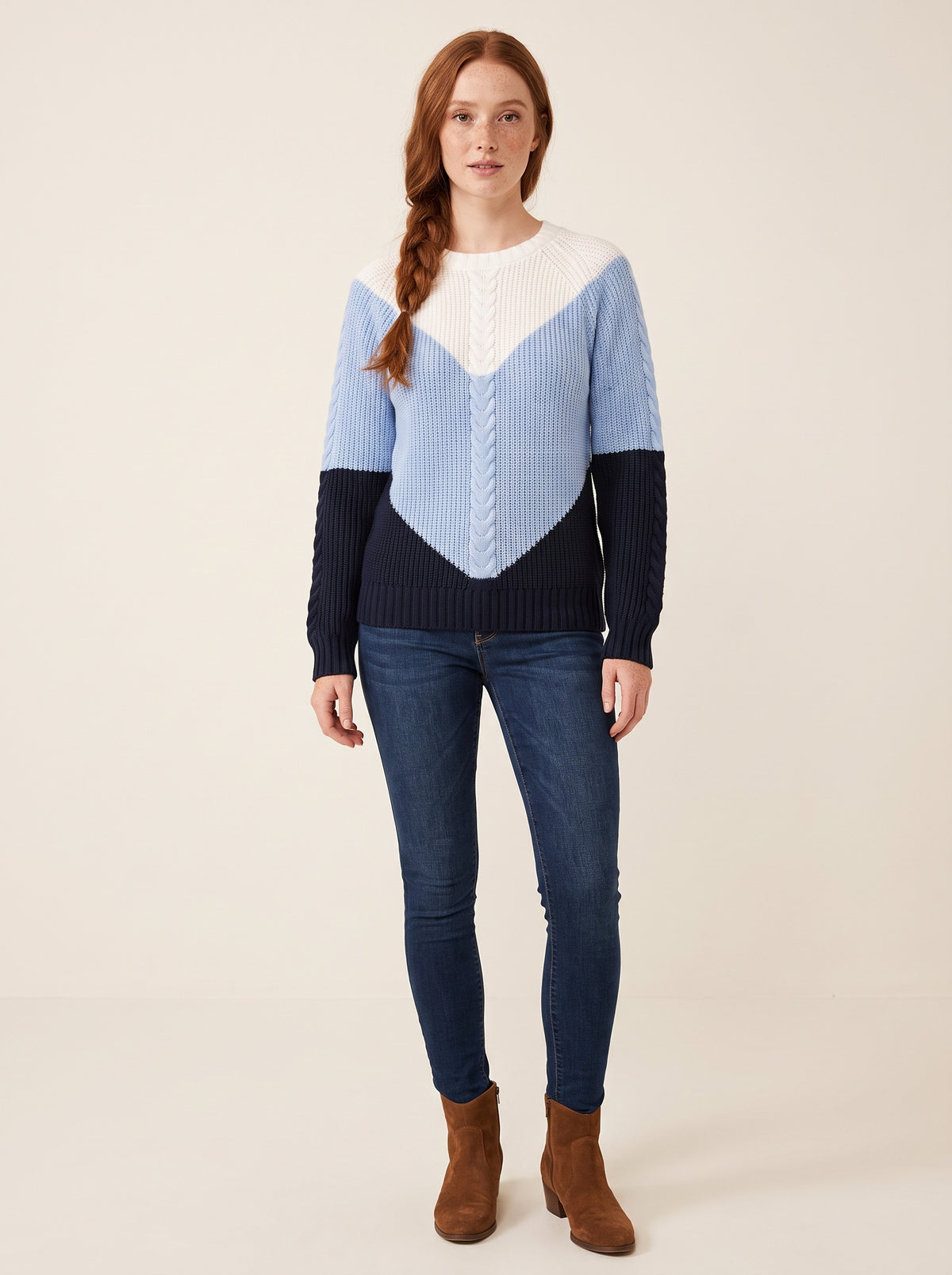 Paulina – Sweter colour-block w warkocze z rękawami raglanowymi – Niebiesko-granatowy
