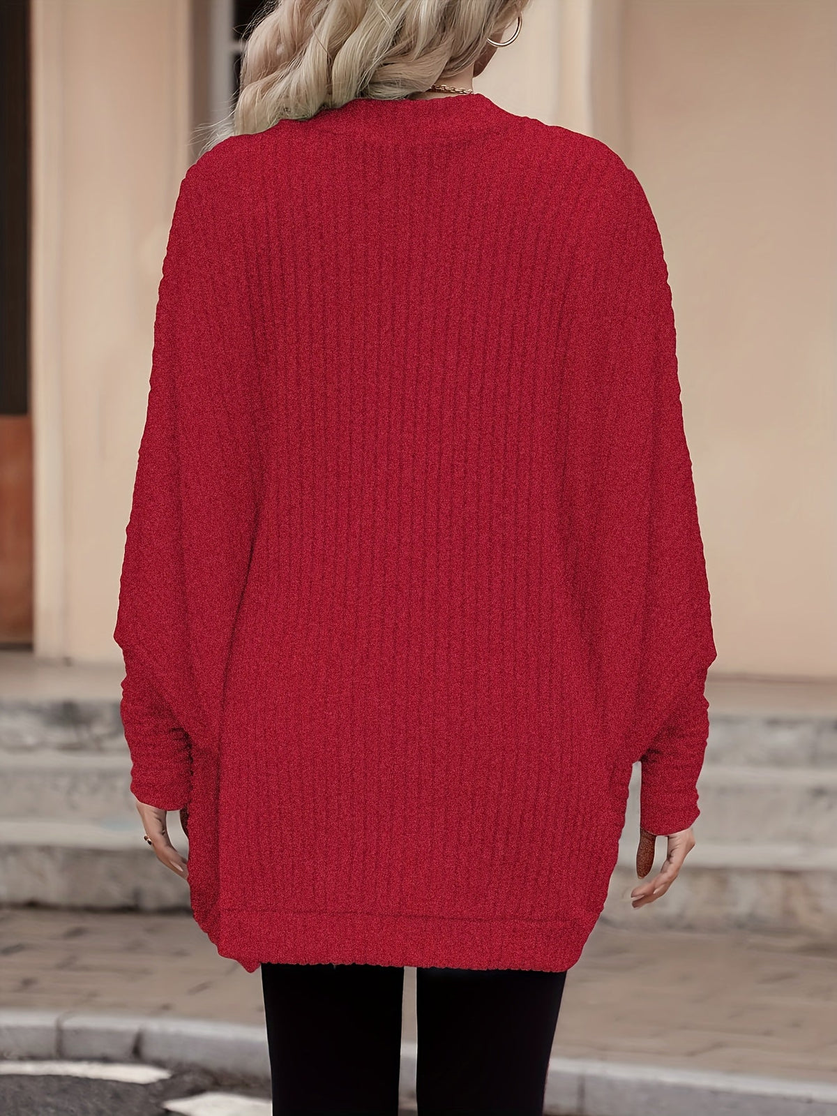 Freya – Ribbed Cocoon Batwing Cardigan – Red (detail)