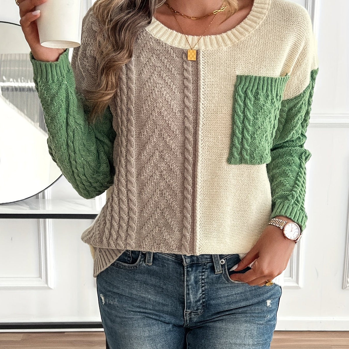 Lucyna – Sweter colour-block w warkocze z kieszonką – Szałwiowy mix