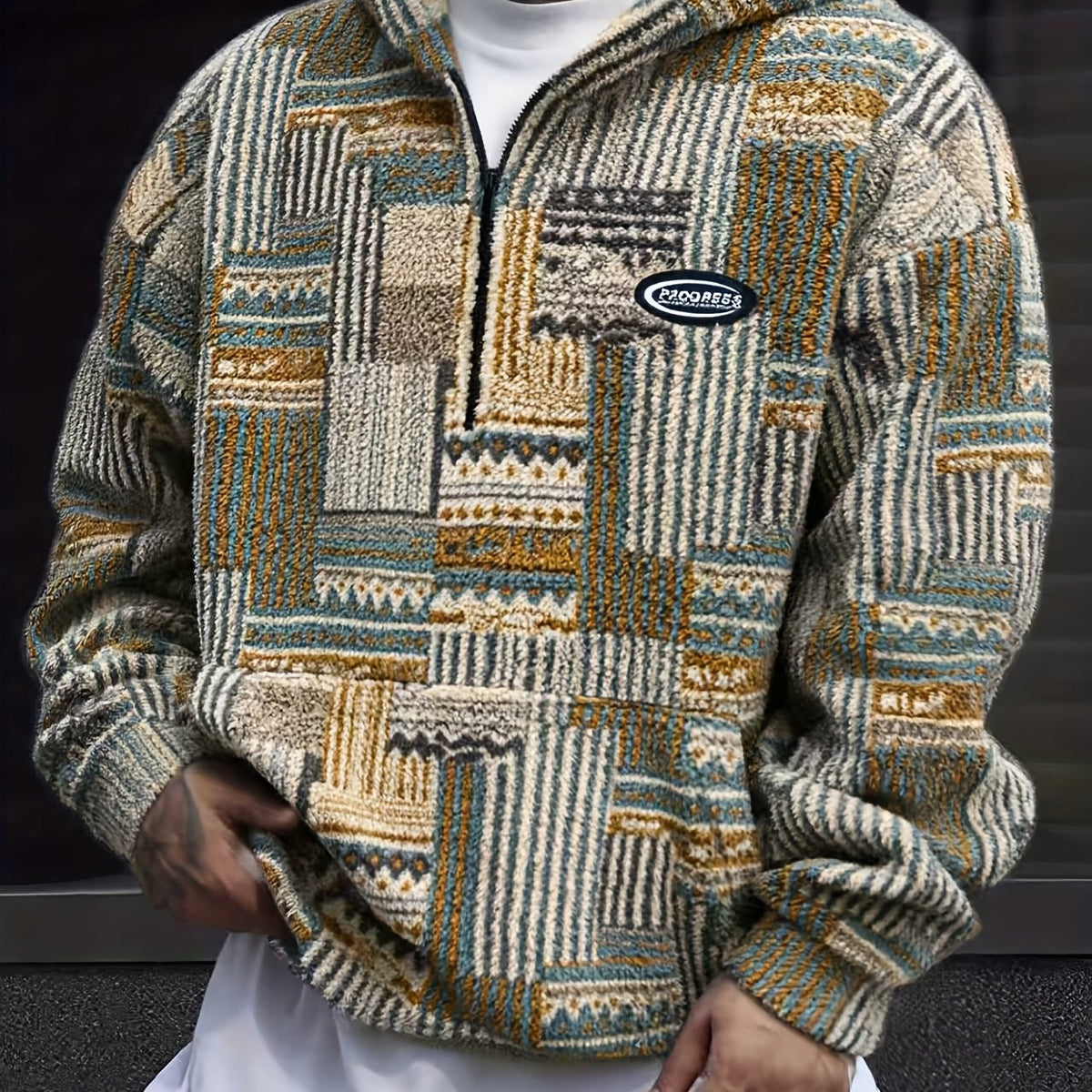 Emil – Bluza sherpa patchwork z kapturem i krótkim zamkiem – Oliwkowy patchwork