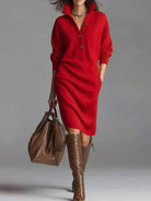 Ewelina – Swobodna sukienka swetrowa z guzikami pod szyją – Czerwony