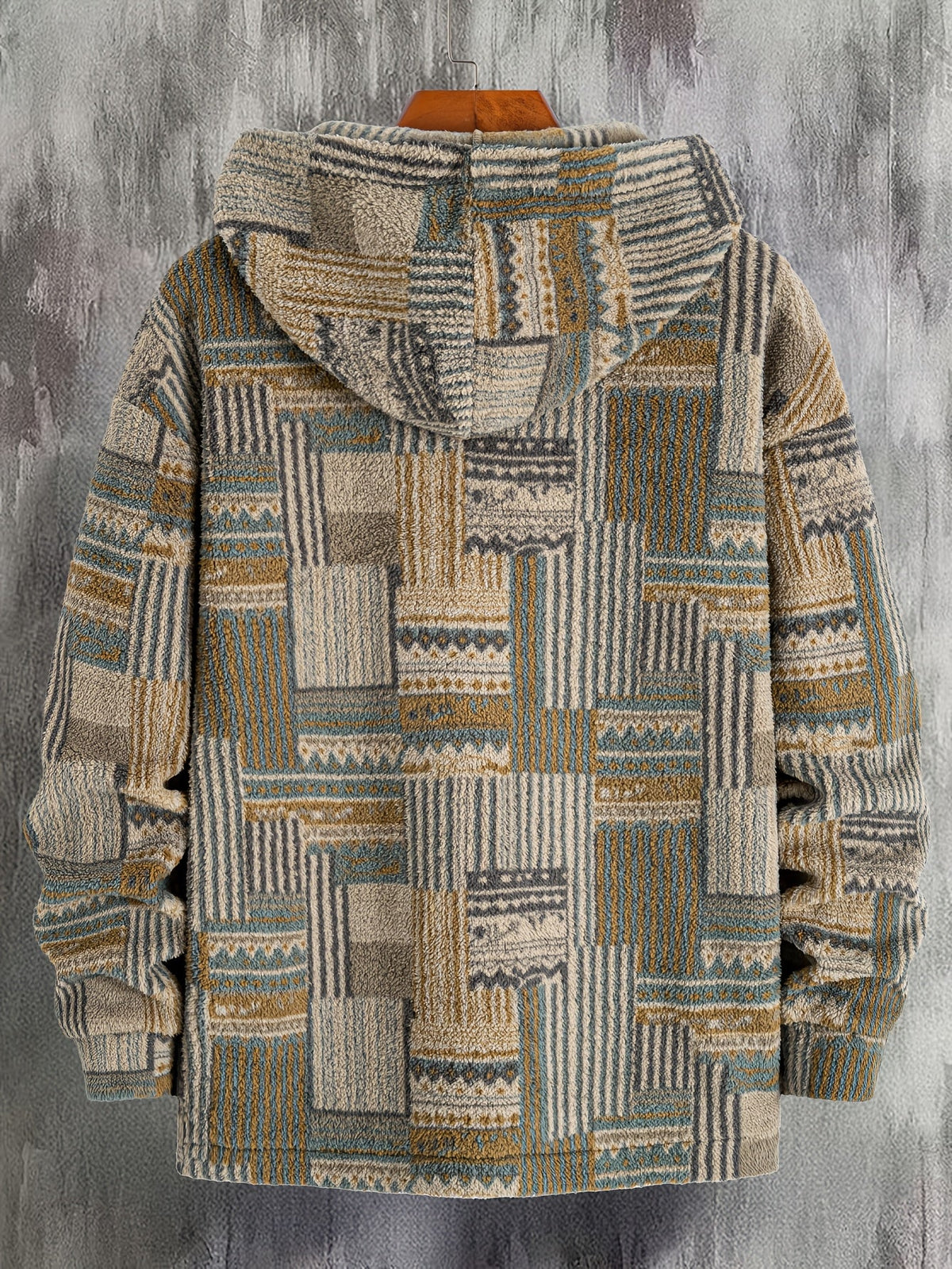 Emil – Bluza sherpa patchwork z kapturem i krótkim zamkiem – Oliwkowy patchwork (detal)