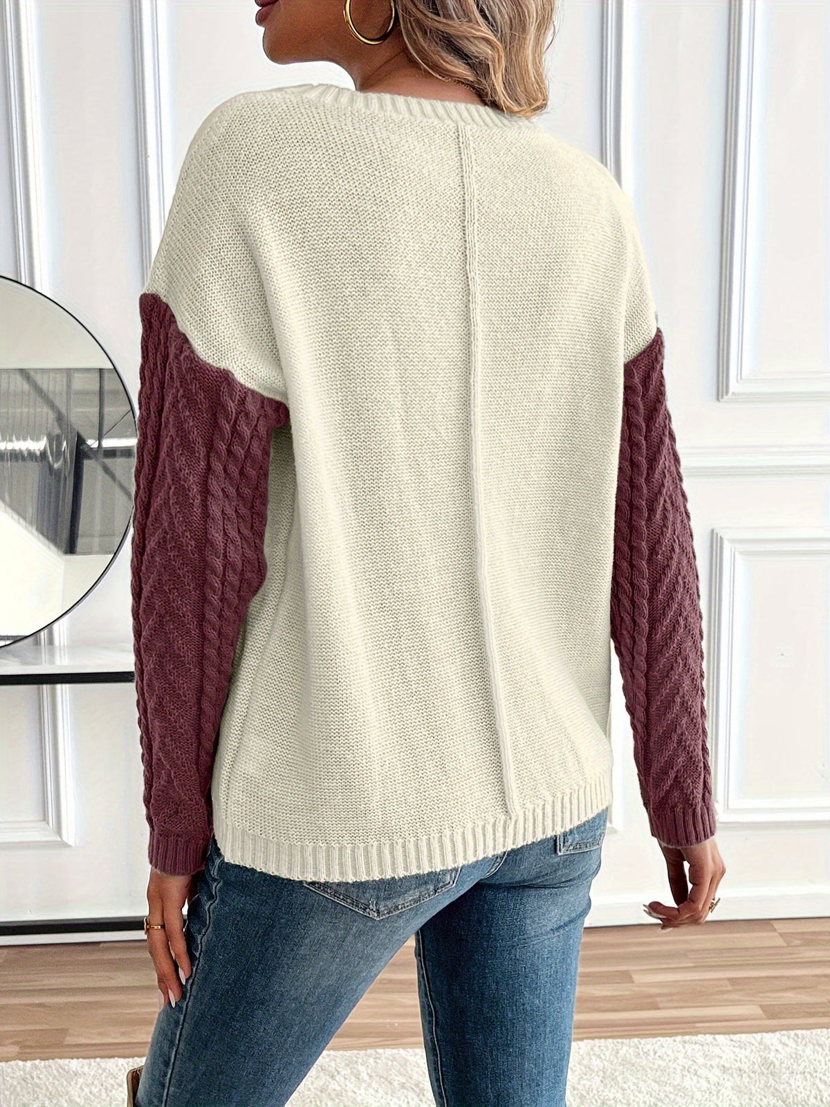 Lucyna – Sweter colour-block w warkocze z kieszonką – Śliwkowy mix (detal)