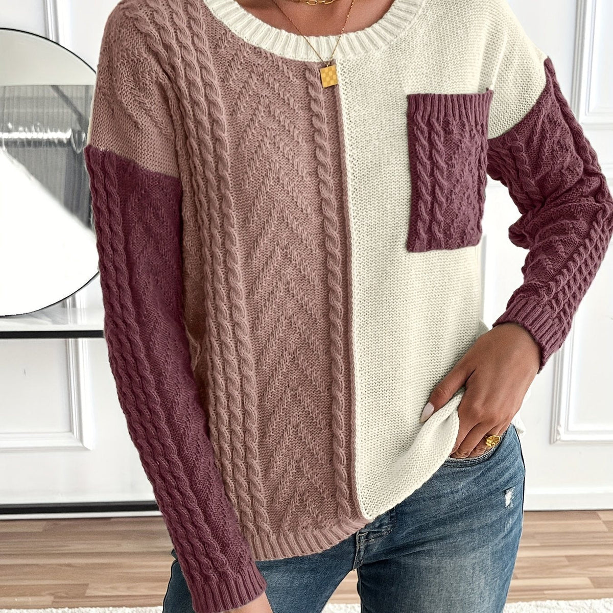 Lucyna – Sweter colour-block w warkocze z kieszonką – Śliwkowy mix