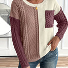 Lucyna – Sweter colour-block w warkocze z kieszonką – Śliwkowy mix