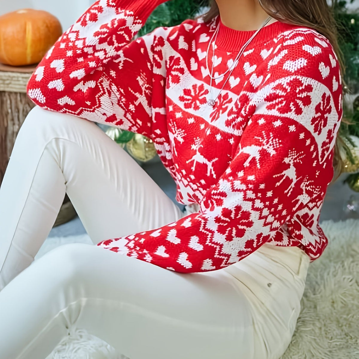 Kinga – Świąteczny sweter z reniferami – Czerwono-biały