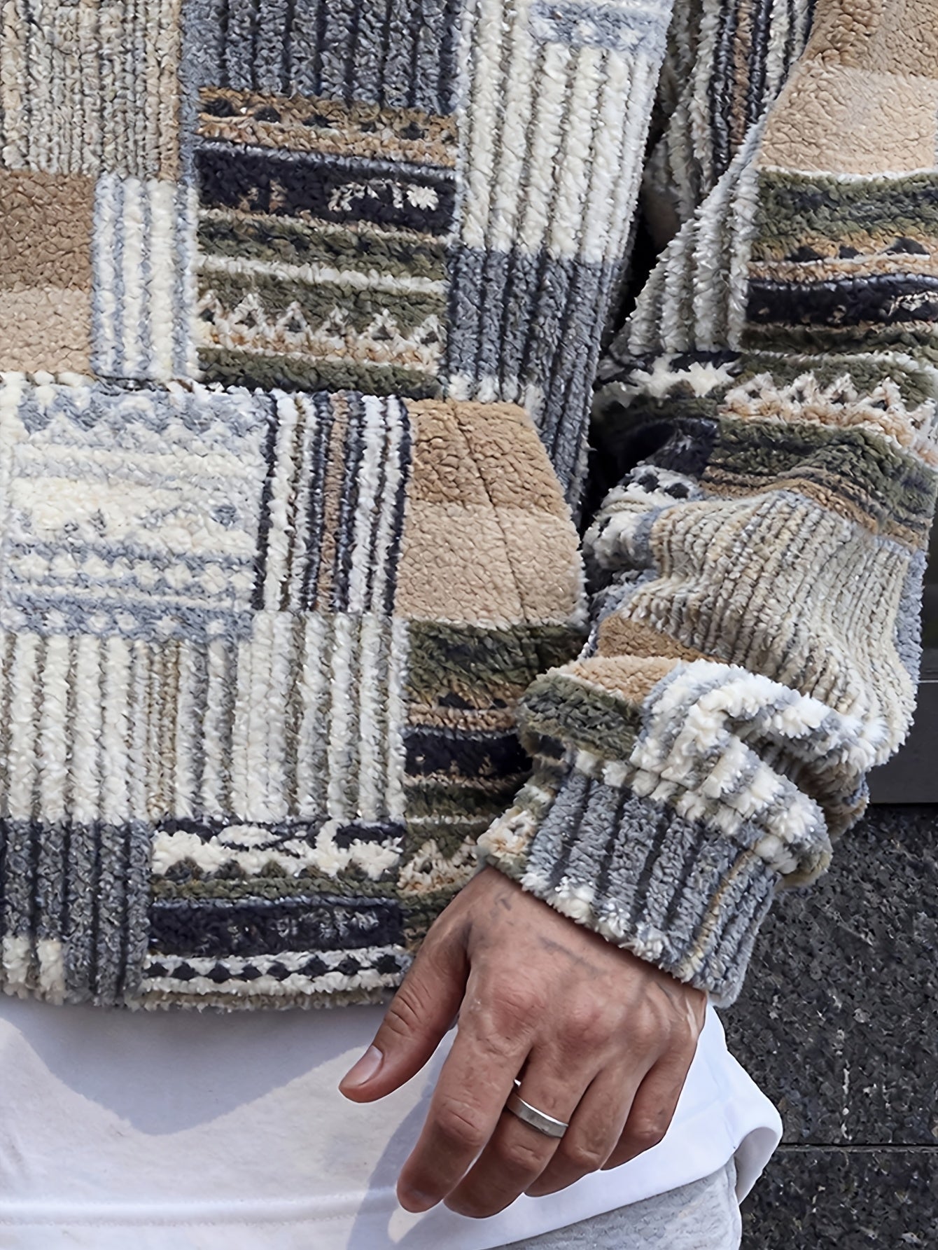 Emil – Bluza sherpa patchwork z kapturem i krótkim zamkiem – Khaki patchwork