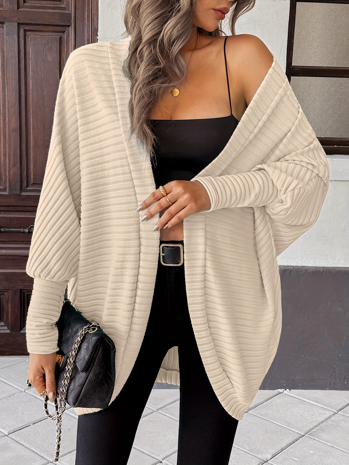 Freya – Ribbed Cocoon Batwing Cardigan – Cream (detail)