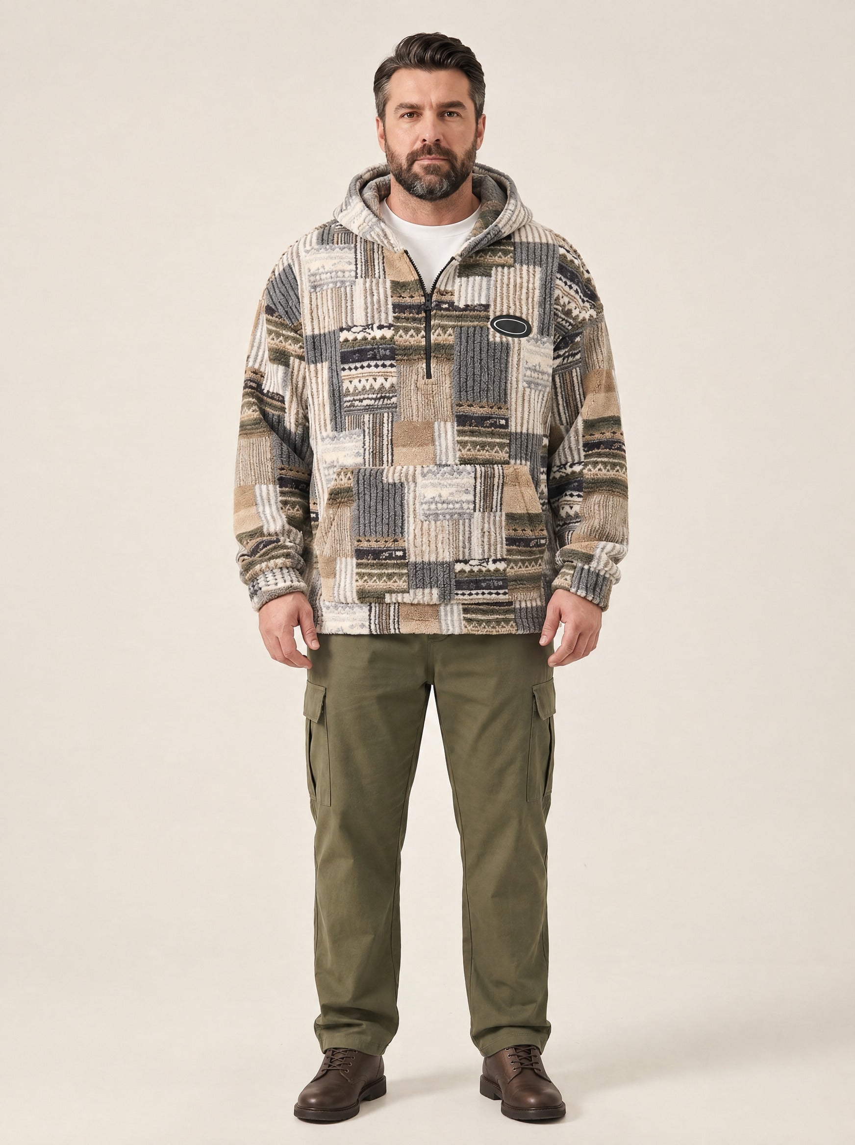 Emil – Bluza sherpa patchwork z kapturem i krótkim zamkiem – Khaki patchwork