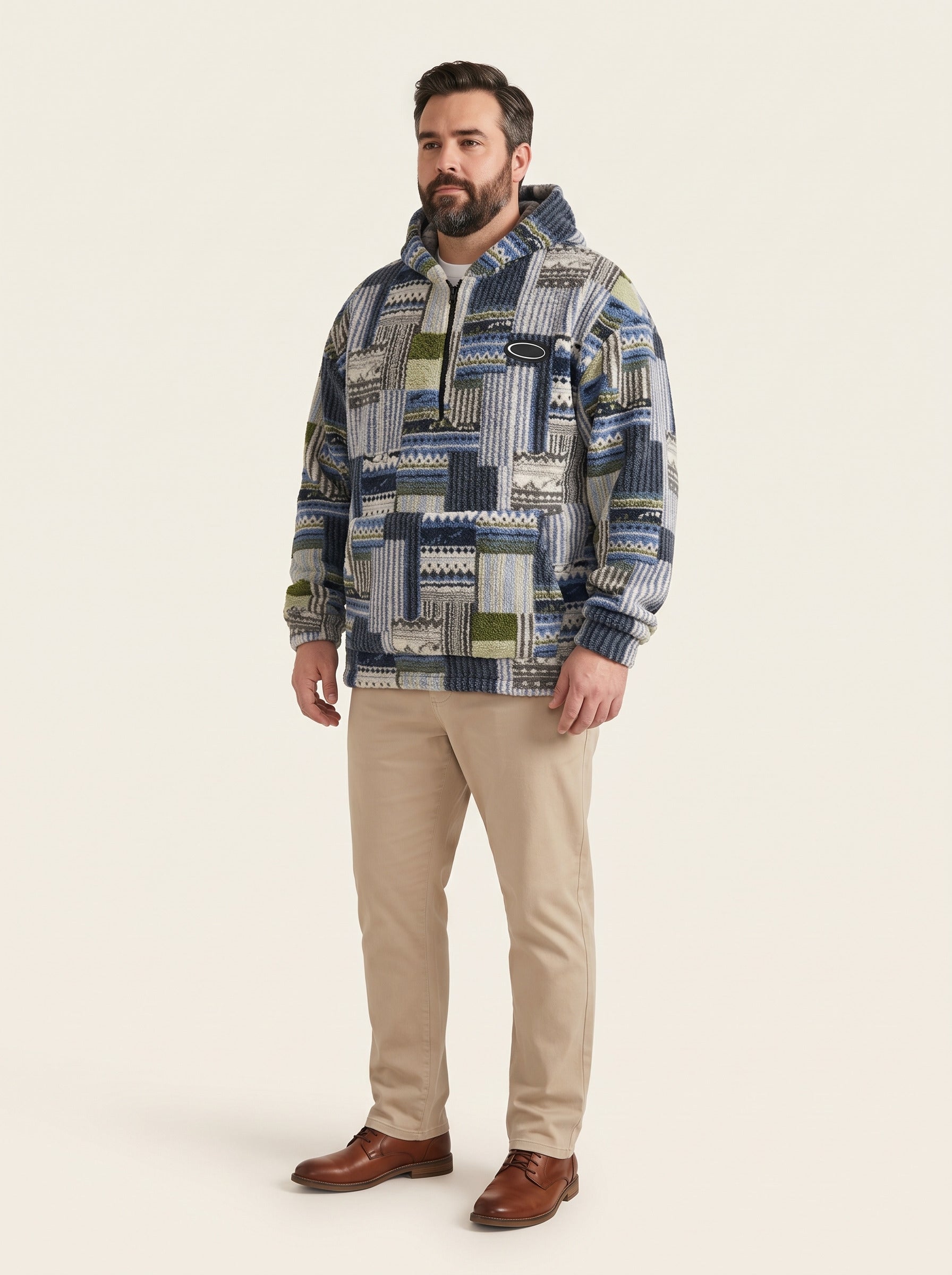Emil – Bluza sherpa patchwork z kapturem i krótkim zamkiem – Niebieski patchwork