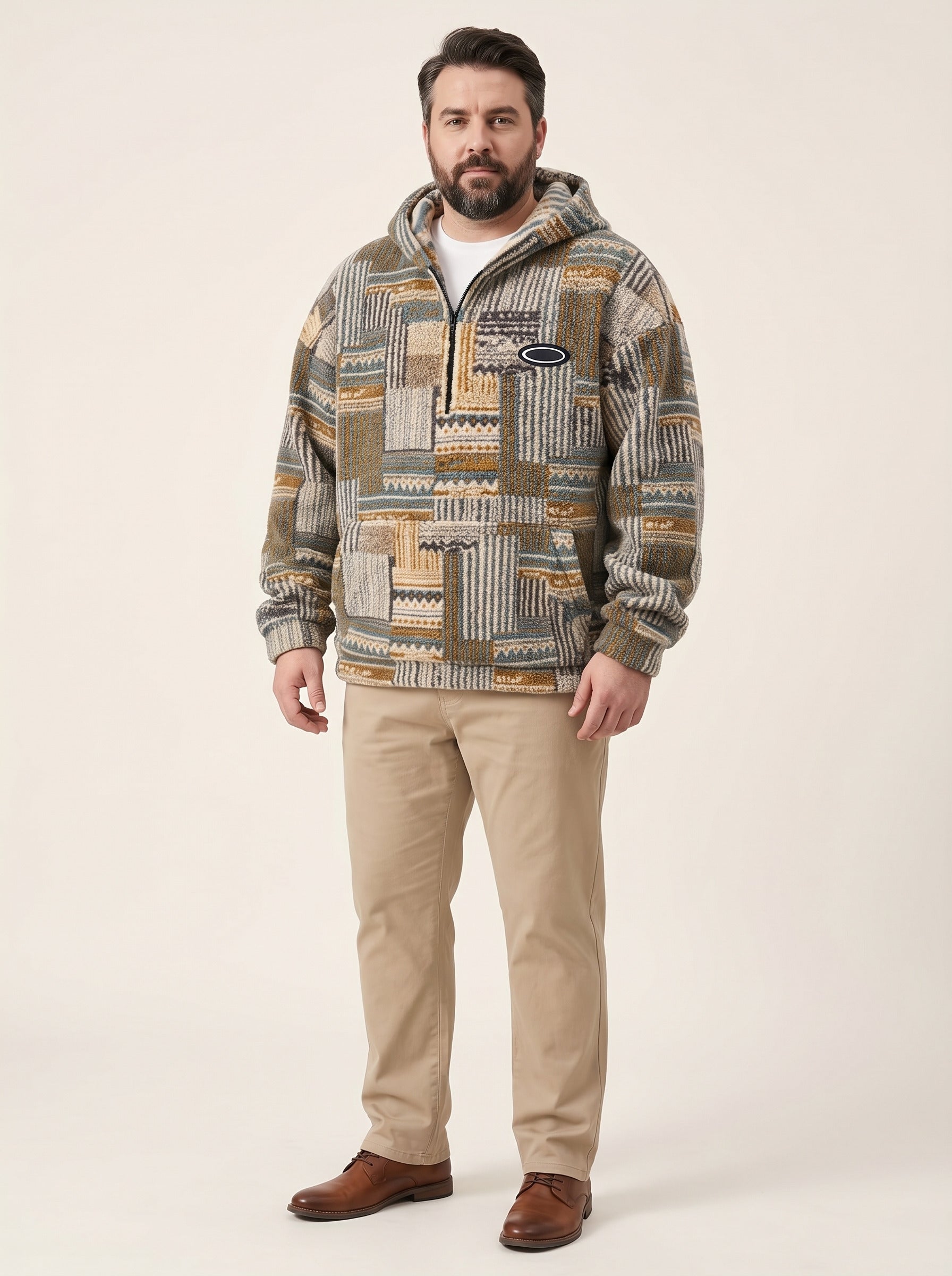 Emil – Bluza sherpa patchwork z kapturem i krótkim zamkiem – Oliwkowy patchwork