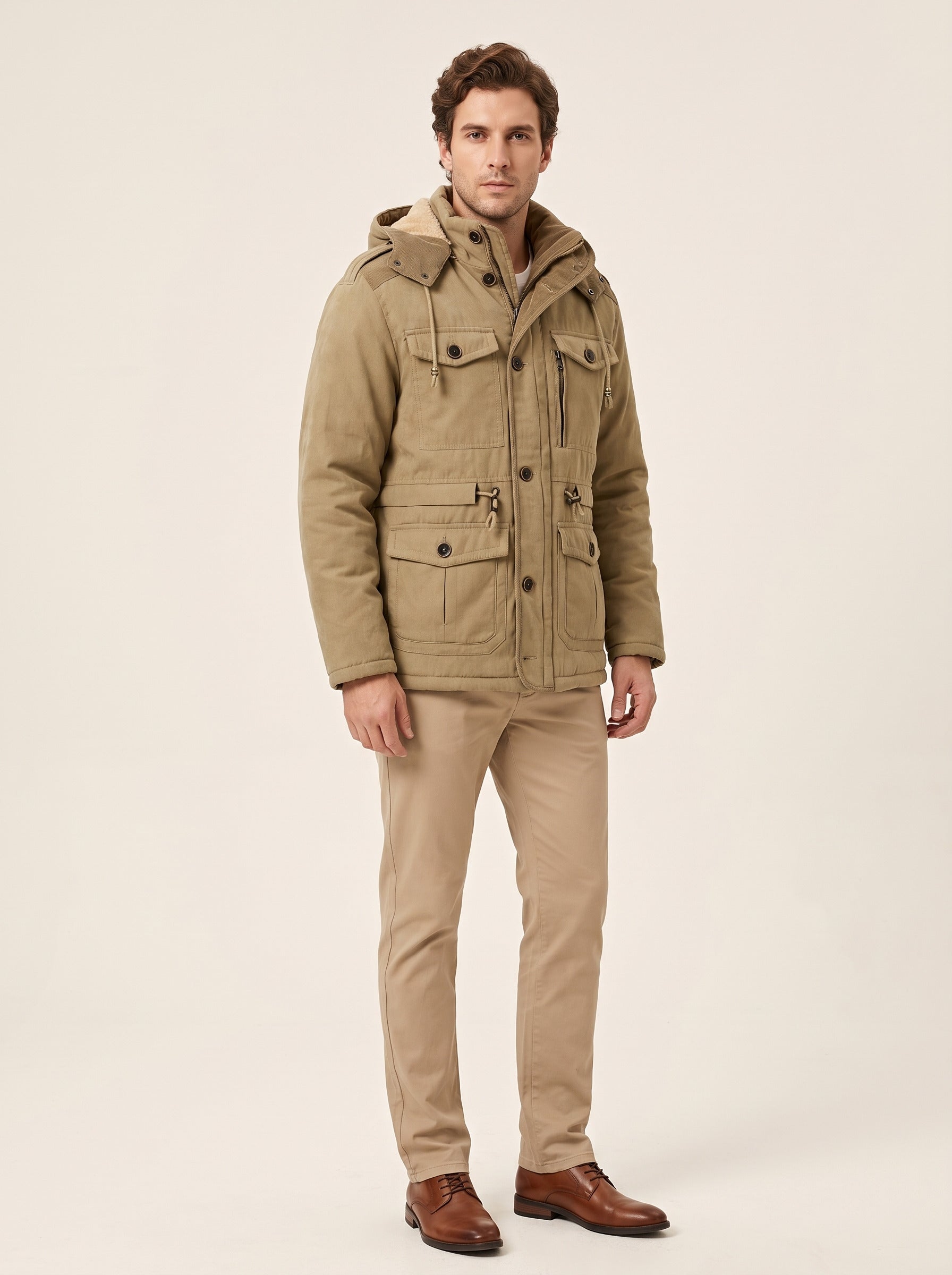 Grzegorz – Męska parka z kapturem na podszewce sherpa – Khaki