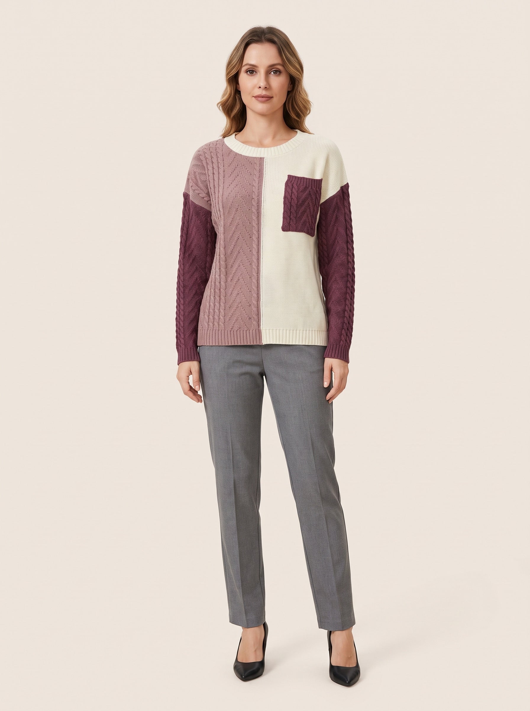 Lucyna – Sweter colour-block w warkocze z kieszonką – Śliwkowy mix