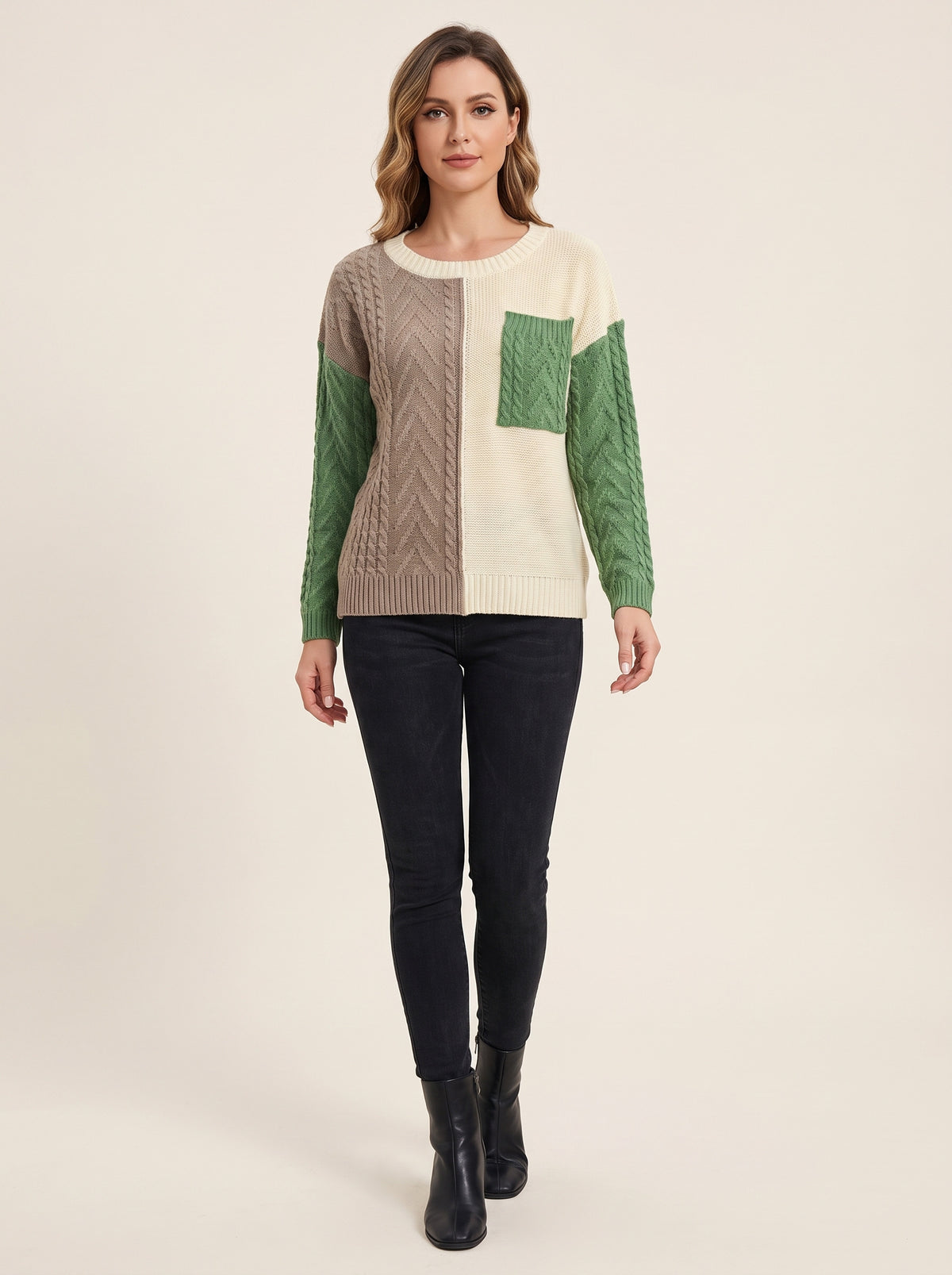Lucyna – Sweter colour-block w warkocze z kieszonką – Szałwiowy mix