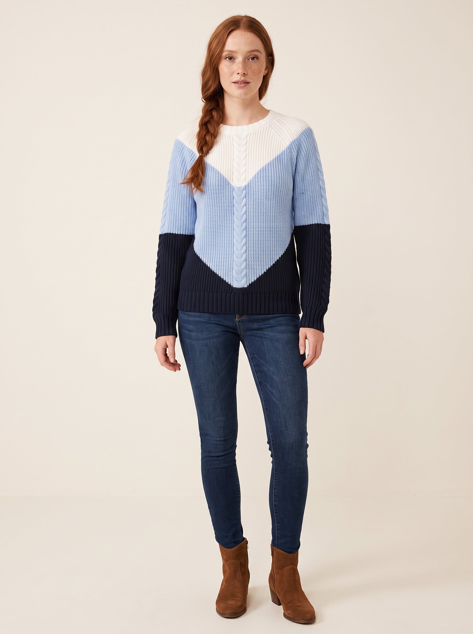 Paulina – Sweter colour-block w warkocze z rękawami raglanowymi – Niebiesko-granatowy