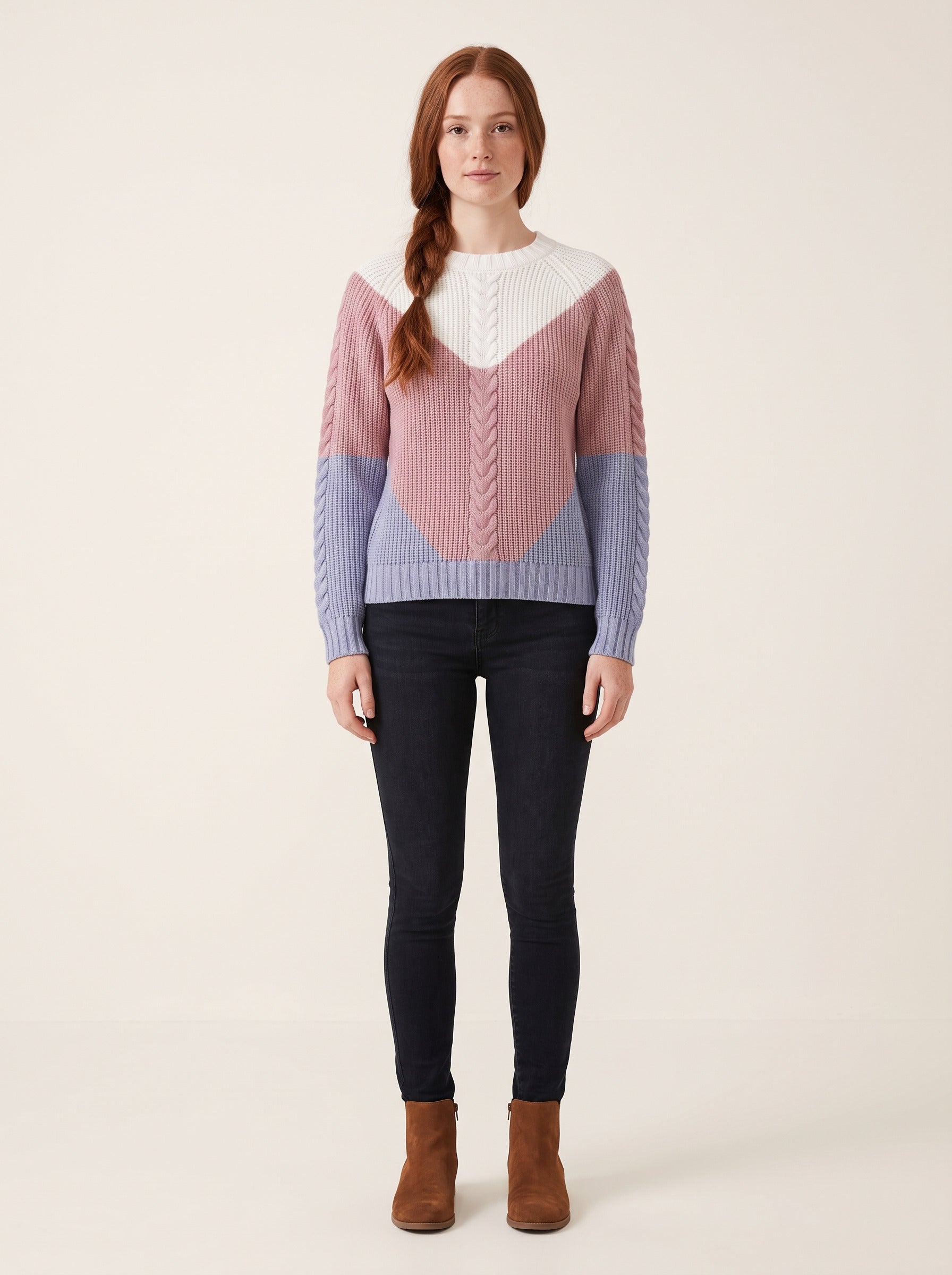 Paulina – Sweter colour-block w warkocze z rękawami raglanowymi – Różowo-niebieski